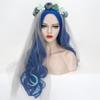 Probeauty Blue Wig with Flower Crown Wedding Veil, Women Long Blue Ombre Body Wave Wig for Halloween Costume view 4