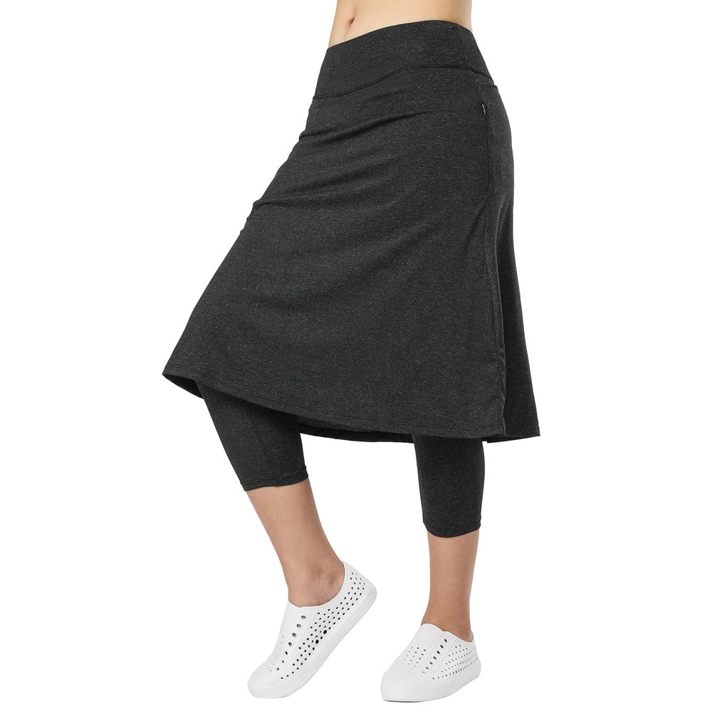 Women Knee Length Skirts with Leggings,Skirted Leggings Skorts Capris for Women Long Skorts Skirts Zipper Pockets(Black Charcoal 2XL)