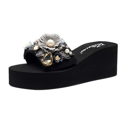 AnFeng Women's Wedges Crystal Floral Thick Bottom Outdoor Slippers Beach Shoes Cowboys Slippers for Women (Grey, 6.5-7)