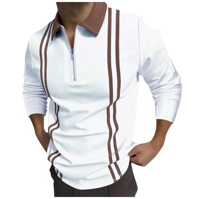 Men's Striped Polo Shirts Long Sleeve Zip Up Slim Fit T-Shirts Big and Tall Contrast Patchwork Business Plaid Tees White