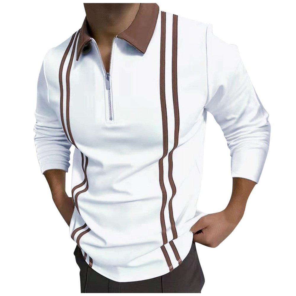 Men's Striped Polo Shirts Long Sleeve Zip Up Slim Fit T-Shirts Big and Tall Contrast Patchwork Business Plaid Tees White