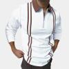 Men's Striped Polo Shirts Long Sleeve Zip Up Slim Fit T-Shirts Big and Tall Contrast Patchwork Business Plaid Tees White view 2