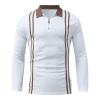 Men's Striped Polo Shirts Long Sleeve Zip Up Slim Fit T-Shirts Big and Tall Contrast Patchwork Business Plaid Tees White view 3