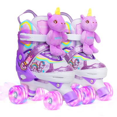 Unicorn Doll Kids Toddler Roller Skates for Girls,WESKIFAN Quad Skating Shoes with Shiny Light up Wheels&Adjustable Sizes Beginners rollerskates for Birthday Xmas Gifts,Patines para Nias Nios