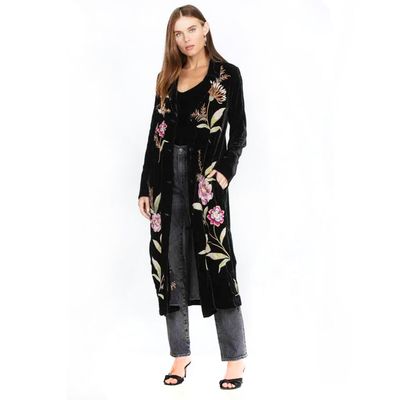 Johnny was Meriah Velvet Duster Coat Long Sleeve Floral Embroidery Black Top New