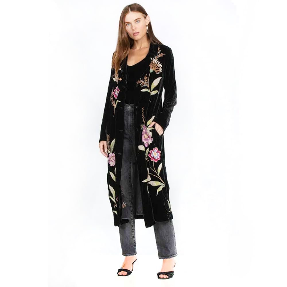 Johnny was Meriah Velvet Duster Coat Long Sleeve Floral Embroidery Black Top New