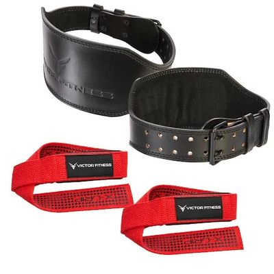 100% Top-Grain Leather 10mm Thick 6 Wide to 2.5 Taper Heavy-Duty Dual Prong Weightlifting Belt for Men and Women + 24" Red Padded Weightlifting Wrist Straps with Silicone Grip Design (Extra Large)