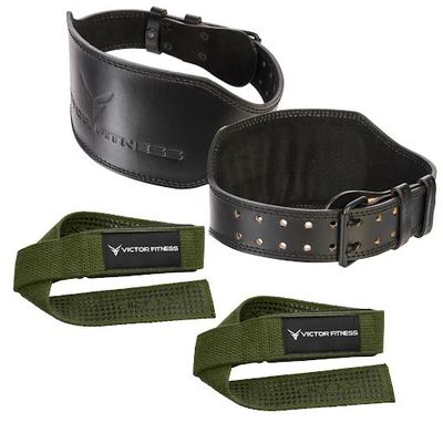 100% Top-Grain Leather 10mm Thick 6 Wide to 2.5 Taper Heavy-Duty Dual Prong Weightlifting Belt for Men and Women + 24" Military Green Padded Weightlifting Straps with Silicone Grip (Large)