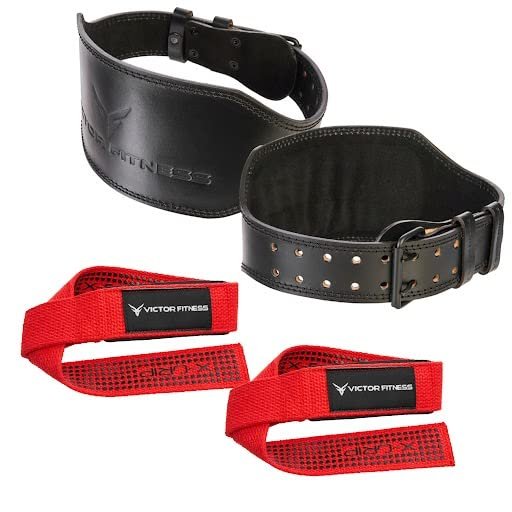 100% Top-Grain Leather 10mm Thick 6 Wide to 2.5 Taper Heavy-Duty Dual Prong Weightlifting Belt for Men and Women + 24" Red Padded Weightlifting Wrist Straps with Silicone Grip Design (Large)