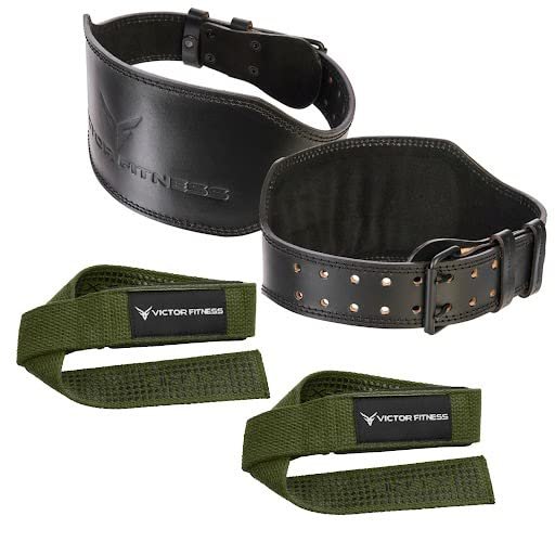 100% Top-Grain Leather 10mm Thick 6 Wide to 2.5 Taper Heavy-Duty Dual Prong Weightlifting Belt for Men and Women + 24" Military Green Padded Weightlifting Straps with Silicone Grip (Small)