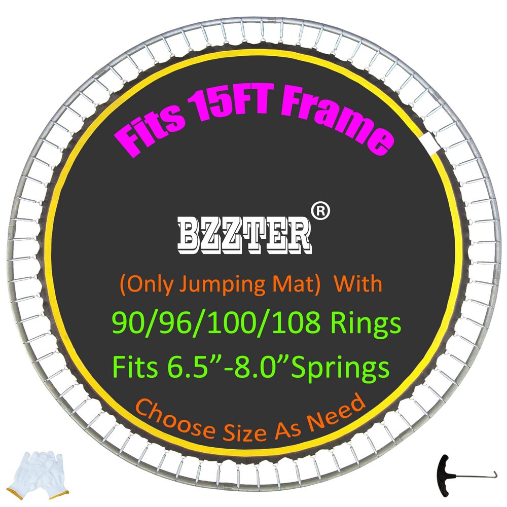 Bzzter Replacement Trampoline Mat, Fits 15ft Round Frame,with 96 Rings 159.3 Inch Diameter, Fits 7.0" Springs,Not 15ft Diameter Mat,10 Rows of Stitches,w/Pull Hook and Gloves