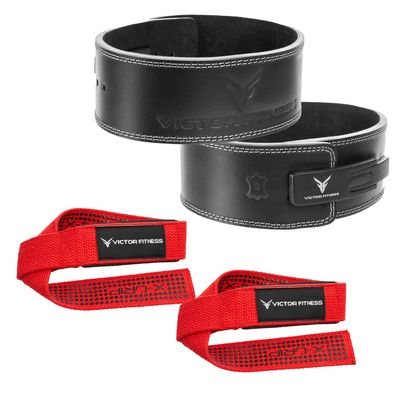 100% Top-Grain Leather 10mm Thick 4" Wide Quick Adjustable Metal Lever Powerlifting Belt for Men and Women + 24" Red Padded Weightlifting Wrist Straps with Silicone Grip Design (XX-Large)