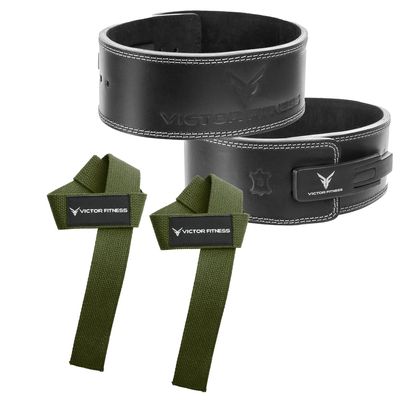 100% Top-Grain Leather 10mm Thick 4" Wide Quick Adjustable Metal Lever Powerlifting Belt for Men and Women made with Vegetable Tanned Leather + 24" Military Green Weightlifting Straps (Extra Large)