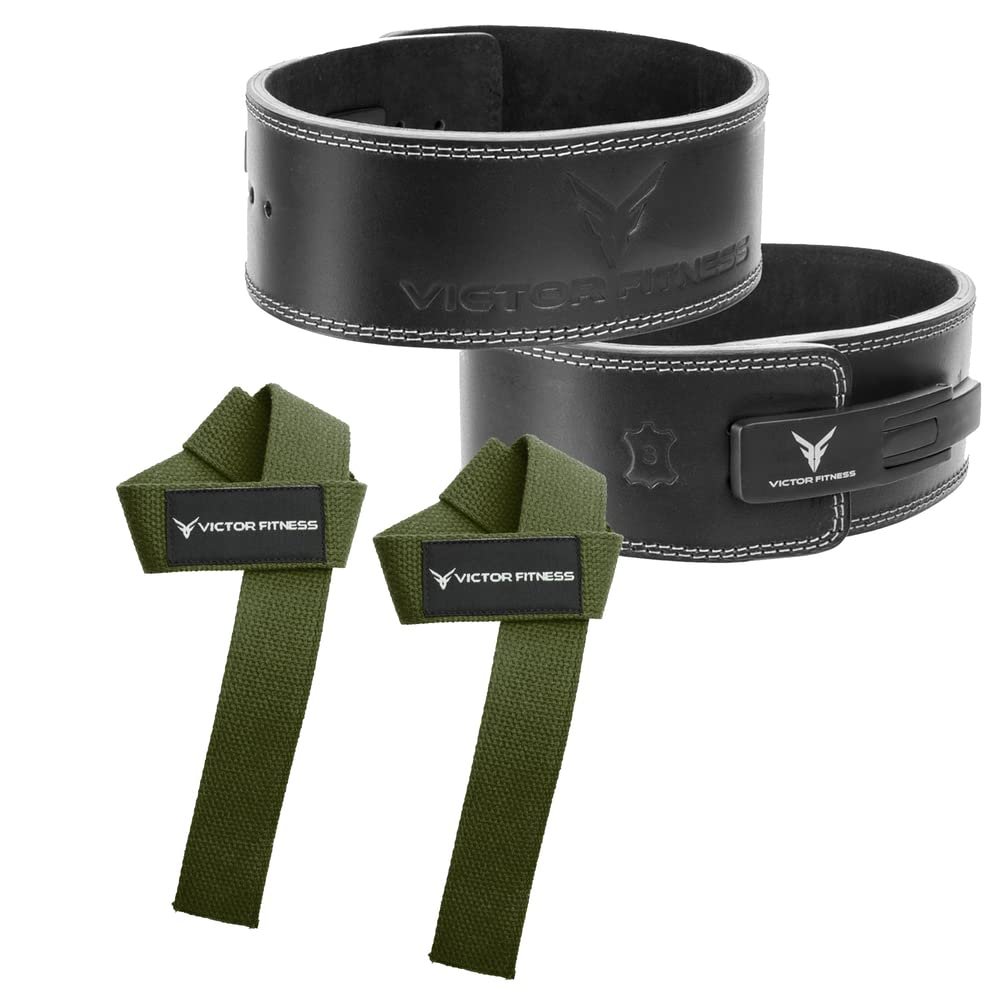 100% Top-Grain Leather 10mm Thick 4" Wide Quick Adjustable Metal Lever Powerlifting Belt for Men and Women made with Vegetable Tanned Leather + 24" Military Green Weightlifting Straps (XX-Large)