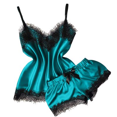 Shorts Pajamas Lace Camisole Stain Sexy V-Neck Bowknot Eyelash Women Set Lingerie for Woman Sexy plus Size (Green, L)