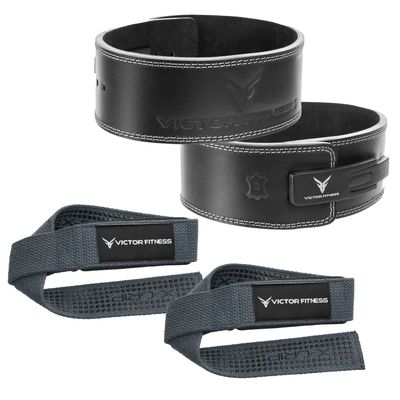 100% Top-Grain Leather 10mm Thick 4" Wide Quick Adjustable Metal Lever Powerlifting Belt for Men and Women + 24" Gray Padded Weightlifting Straps with Silicone Grip Design - Wrist Straps (XX-Large)