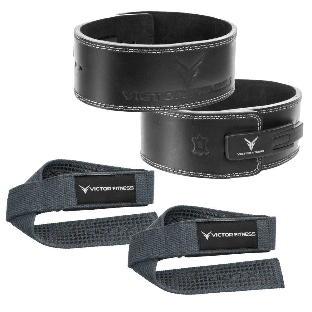 100% Top-Grain Leather 10mm Thick 4" Wide Quick Adjustable Metal Lever Powerlifting Belt for Men and Women + 24" Gray Padded Weightlifting Straps with Silicone Grip Design - Wrist Straps (XX-Large)
