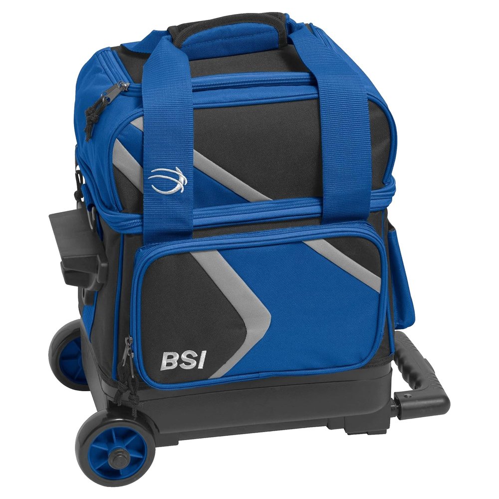 BSI Dash Single Roller Bowling Bag with Smooth Rolling Wheels, Padded Ball Compartment, Retractable Locking Handle, & Shoe Pocket, Black/Blue/Gray
