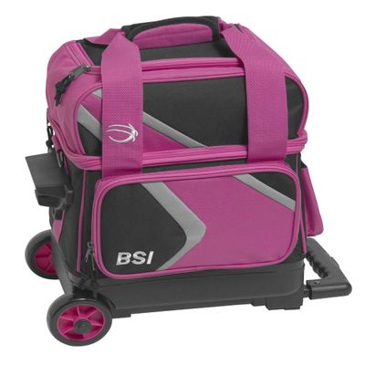 BSI Dash Single Roller Bowling Bag with Smooth Rolling Wheels, Padded Ball Compartment, Retractable Locking Handle, & Shoe Pocket, Black/Pink/Gray