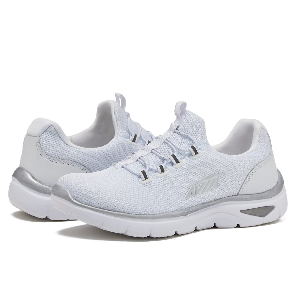 Avia Junction Womens Slip On Sneakers - Comfortable, Breathable No Laces Shoes for Women with Memory Foam - White/Silver Grey/Light Purple, 8.5 Medium