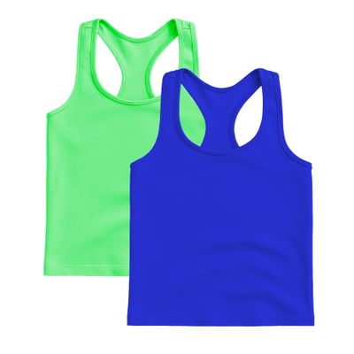 Kurve Premium Girls Seamless Supersoft Wide Strap Comfortable Racerback Tank Top for Kids, Dance & Gym Class, Neon Green/Cobalt Set, Age 7-12