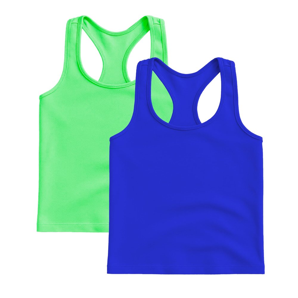 Kurve Premium Girls Seamless Supersoft Wide Strap Comfortable Racerback Tank Top for Kids, Dance & Gym Class, Neon Green/Cobalt Set, Age 7-12