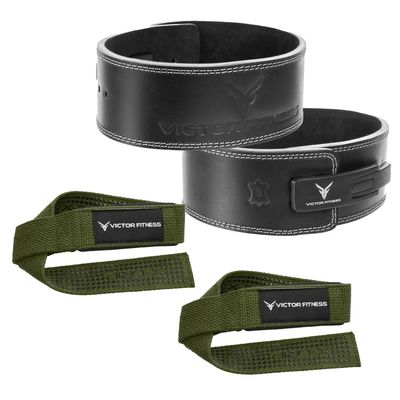 100% Top-Grain Leather 10mm Thick 4" Wide Quick Adjustable Metal Lever Powerlifting Belt for Men and Women + 24" Military Green Padded Weightlifting Straps with Silicone Grip Design (X-Large)