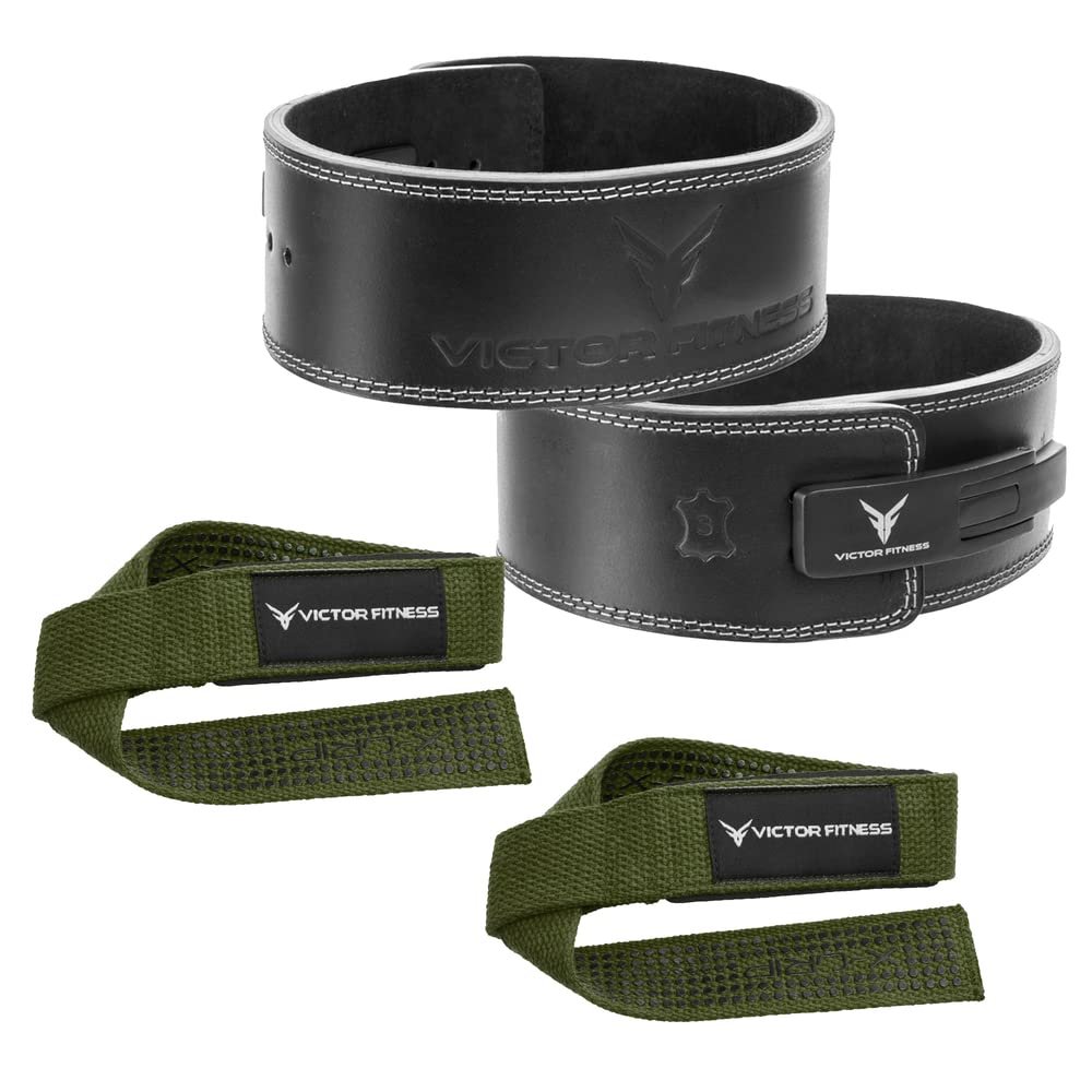 100% Top-Grain Leather 10mm Thick 4" Wide Quick Adjustable Metal Lever Powerlifting Belt for Men and Women + 24" Military Green Padded Weightlifting Straps with Silicone Grip Design (X-Large)