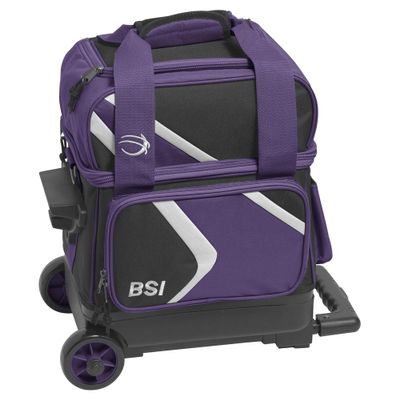BSI Dash Single Roller Bowling Bag with Smooth Rolling Wheels, Padded Ball Compartment, Retractable Locking Handle, & Shoe Pocket, Black/Purple/White