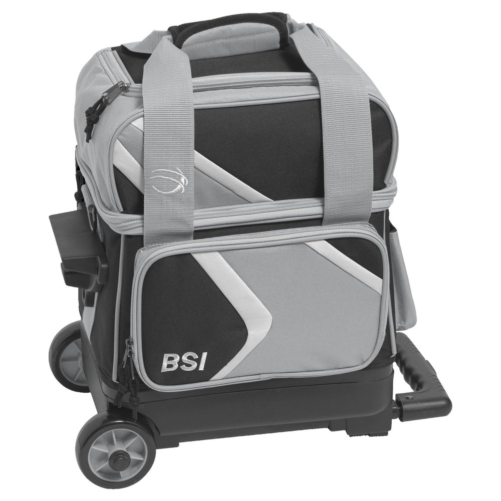 BSI Dash Single Roller Bowling Bag with Smooth Rolling Wheels, Padded Ball Compartment, Retractable Locking Handle, & Shoe Pocket, Black/Gray/White