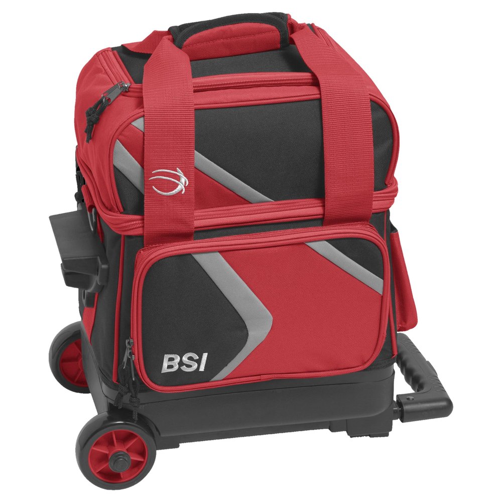 BSI Dash Single Roller Bowling Bag with Smooth Rolling Wheels, Padded Ball Compartment, Retractable Locking Handle, & Shoe Pocket, Black/Red/Gray