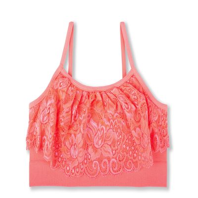 Kurve Girls Training Sports Bra Seamless Lace Bralette Kids Crop Cami Tank Top UV Protective Fabric UPF 50+ Made in USA, Neon Coral, Age 9-14