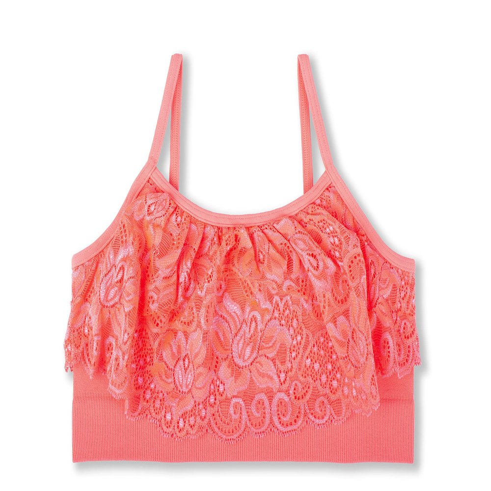 Kurve Girls Training Sports Bra Seamless Lace Bralette Kids Crop Cami Tank Top UV Protective Fabric UPF 50+ Made in USA, Neon Coral, Age 9-14
