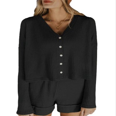 ebossy Women's Waffle Romper Shorts 2 Piece Button-down Short Pajamas Knit Loungewear Jumpsuit Set (X-Large,Black)