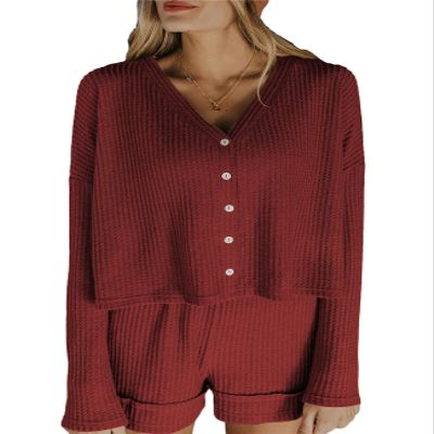 ebossy Women's Waffle Romper Shorts 2 Piece Button-down Short Pajamas Knit Loungewear Jumpsuit Set (Medium,Red)