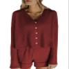 ebossy Women's Waffle Romper Shorts 2 Piece Button-down Short Pajamas Knit Loungewear Jumpsuit Set (Medium,Red) view 1