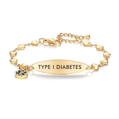 mnmoom Medical Alert Bracelets for Women Stainless steel Heart Medical ID bracelets with Free Engraving (Eye-Gold/TYPE 1 DIABETES)