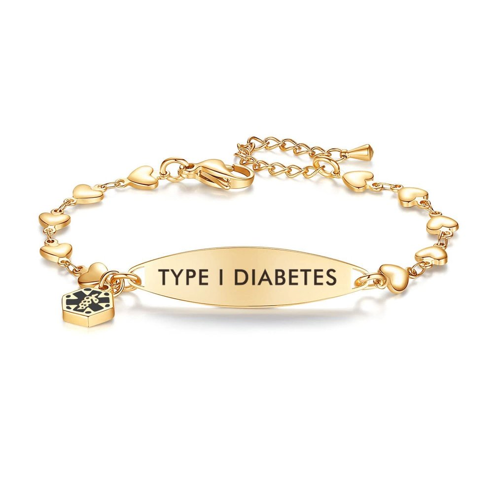 mnmoom Medical Alert Bracelets for Women Stainless steel Heart Medical ID bracelets with Free Engraving (Eye-Gold/TYPE 1 DIABETES)