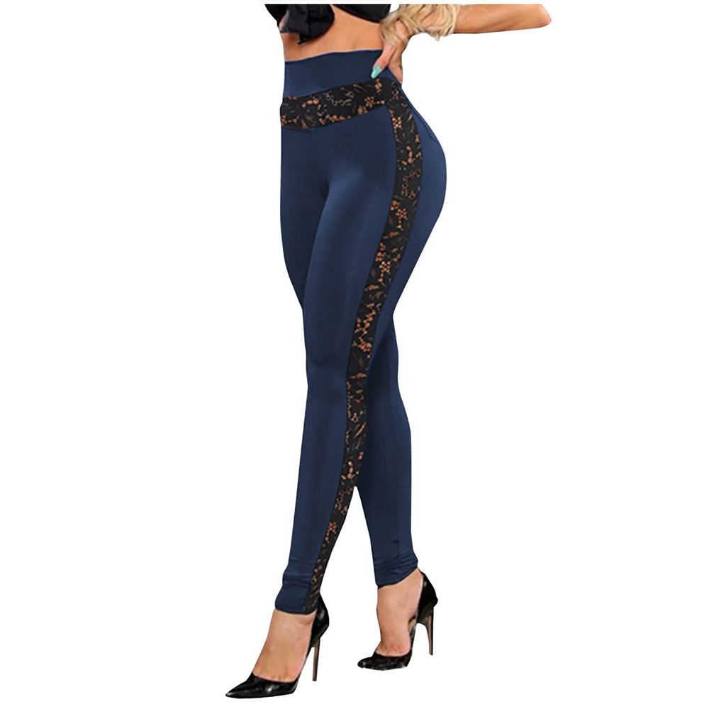 Women's Vintage Sexy Lace Leggings High Waist Mesh Panel Side Skinny Yoga Pants Gothic Clubwear Casual Tight Pants Dark Blue