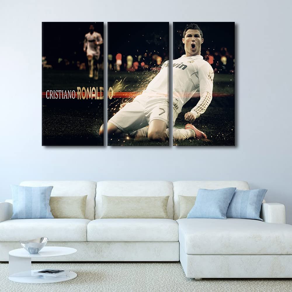 TISHIRON Football Star Canvas Wall Art CR7 Poster Painting Cristiano Ronaldo Competition Artwork 3 Pieces Home Decor for Living Room Dining Bedroom Prints Ready to Hang 42x28 in