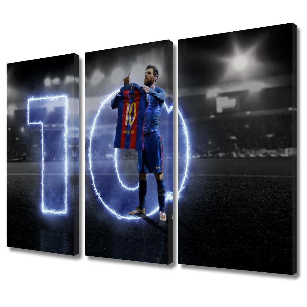 Canvas Wall Art Motivational Football Poster 3 Piece Lionel Messi Painting Modern Artwork Canvas Art Print for Living Room Bedroom Dining Room Wall Decor Stretched and Framed Ready to Hang 36x24 in