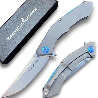 TACTICAL GEARZ Titanium Pocket Knife for EDC, Solid TC4 Titanium Handle, D2 Steel Blade, Includes Sheath (TritonX Gun Metal)