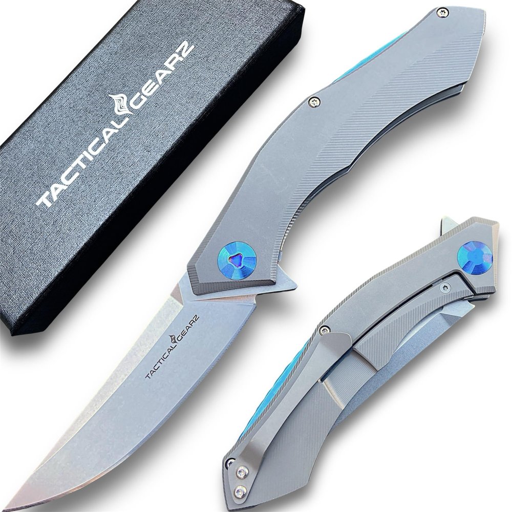 TACTICAL GEARZ Titanium Pocket Knife for EDC, Solid TC4 Titanium Handle, D2 Steel Blade, Includes Sheath (TritonX Gun Metal)