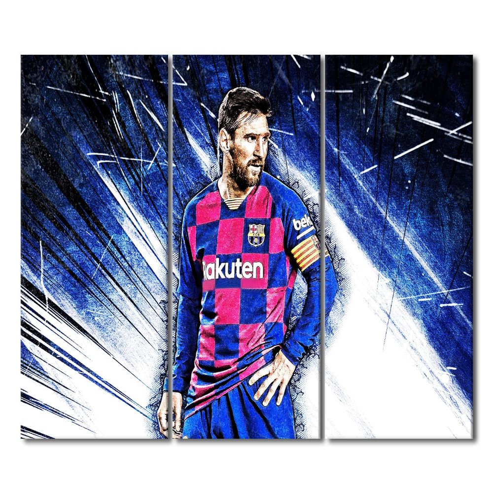 3 Panel Soccer Star Canvas Wall Art Lionel Messi Paintings Inspirational Painting Wall Art Gallery Wrapped Canvas Prints Decor for Living Room Office Bedroom Posters Framed Ready to Hang 60x40 in