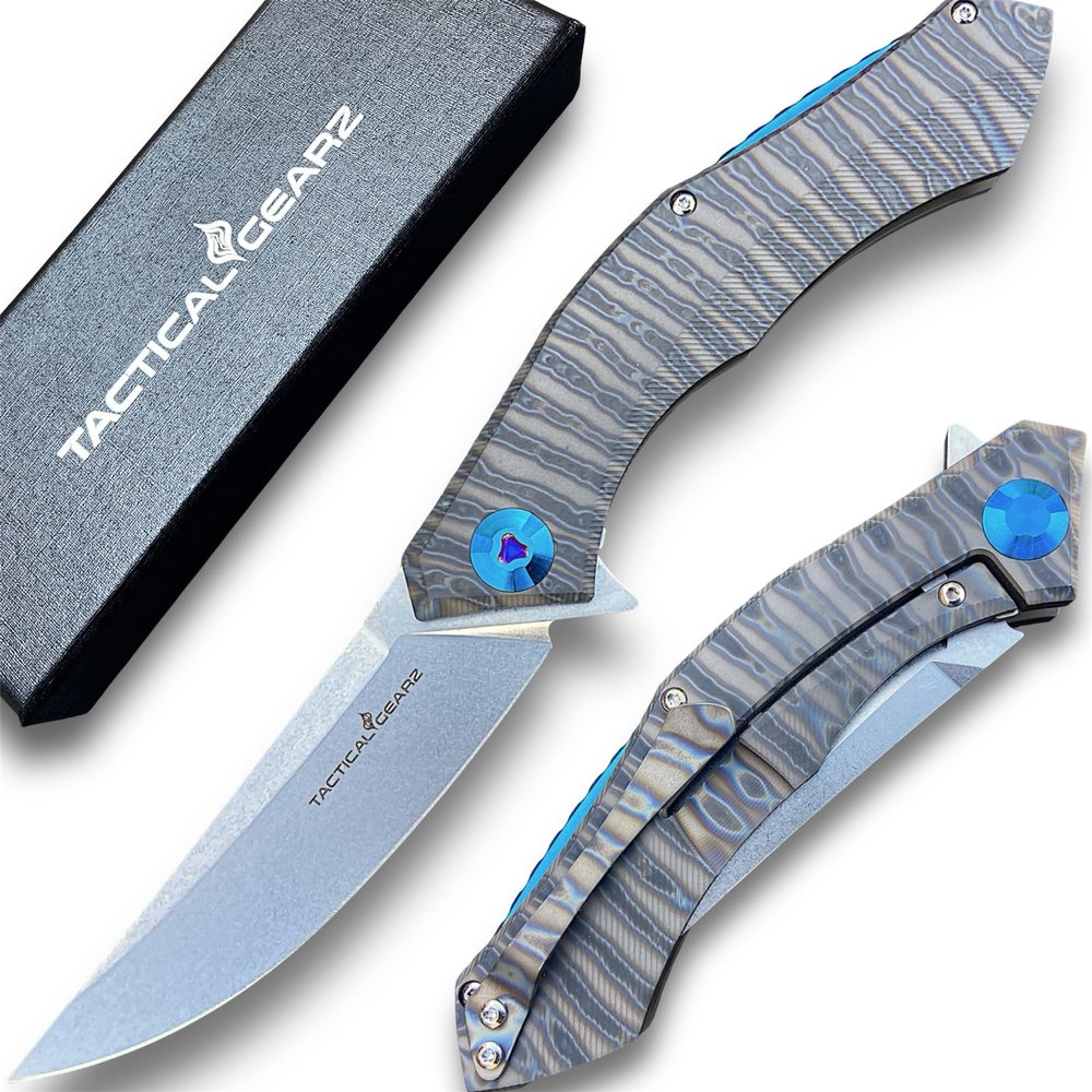 TACTICAL GEARZ Titanium Pocket Knife for EDC, Solid TC4 Titanium Handle, D2 Steel Blade, Includes Sheath (TritonX Scorched)
