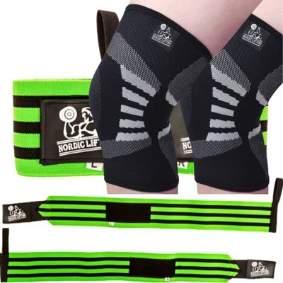 Nordic Lifting Super Heavy Duty Wrist Wraps - Green Bundle with Knee Compression Sleeves XLarge