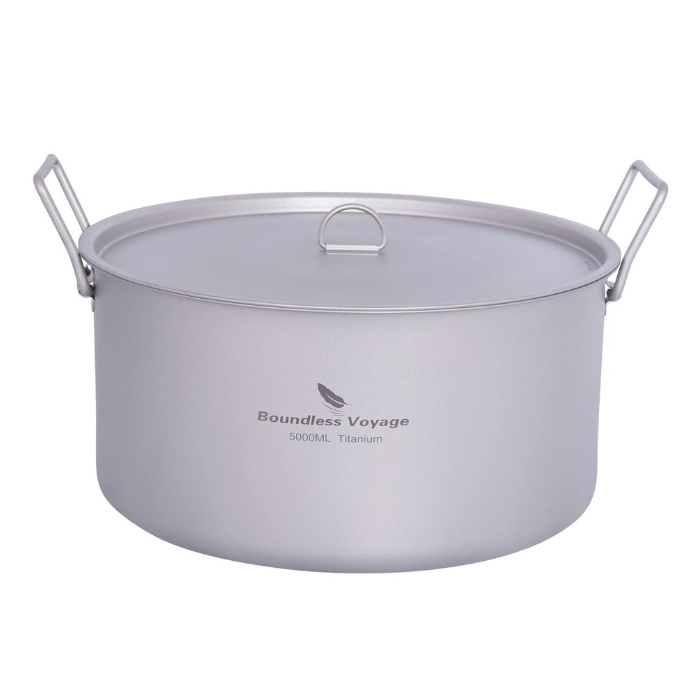 Boundless Voyage Outdoor Camping Titanium Pot 5.0L Stockpot with Lid Folding Handle Hiking Picnic Portable Big Capacity Soup Pot Home Kitchen
