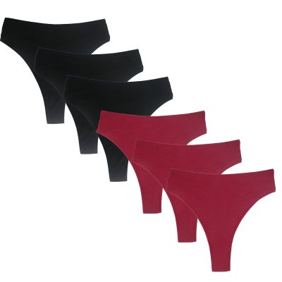Amwounu High Waisted Cotton Thongs For Women High Rise Panties Soft Red Green Black Thong Size XL Pack of 6