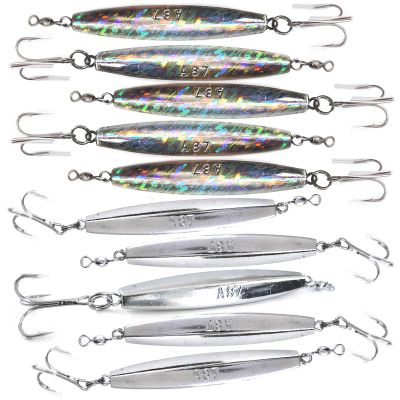 10pcs Fish WOW! 8oz Chrome Diamond jigs + 8oz Mylar Holographic Laser Metal jigs with a Treble Hook