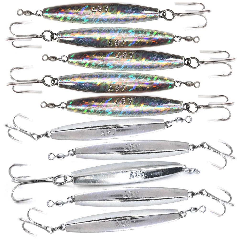 10pcs Fish WOW! 8oz Chrome Diamond jigs + 8oz Mylar Holographic Laser Metal jigs with a Treble Hook